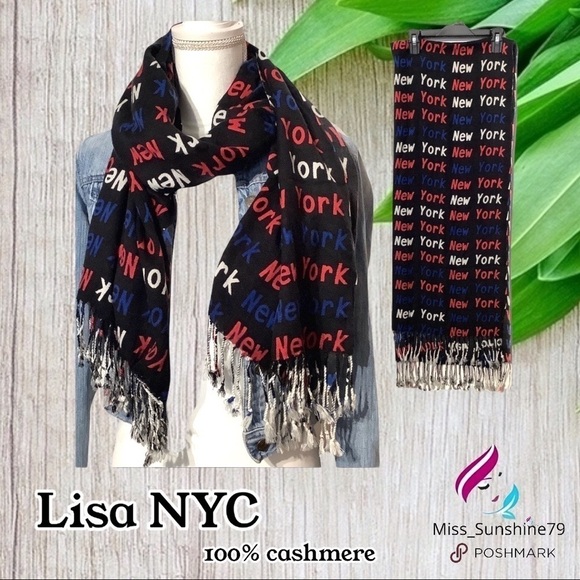 Lisa NYC - fringe cashmere red white blue NY scarf - Picture 1 of 6